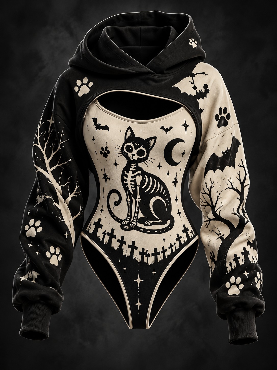 Women's Retro Halloween Black Cat Paw Bat Print Hoodie Two-piece Set