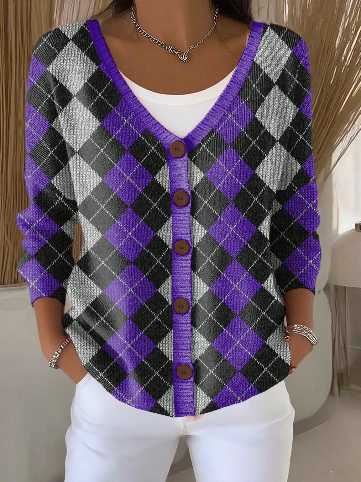 Women's Retro Purple Art Print Cardigan