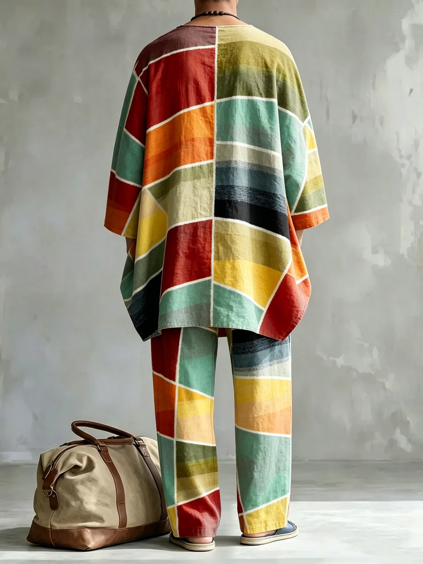 Men's Fashionable Abstract Geometric Print Casual Comfort Crew Neck Top And Pants Two-piece Set