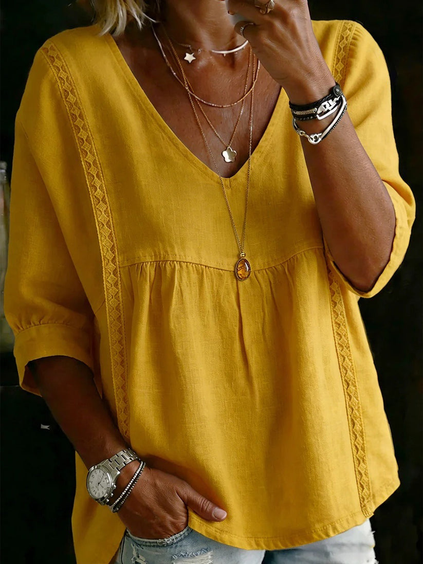 Women's V Neck Lace Trim Babydoll Blouse