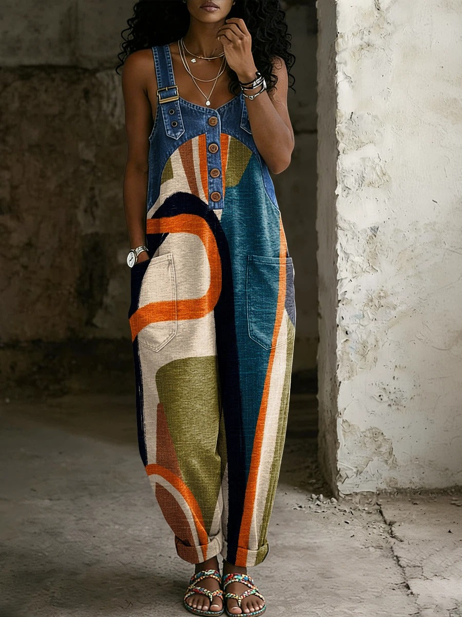 Women’s Fashionable Abstract Stripes Print Casual Denim Denim Patchwork Jumpsuit