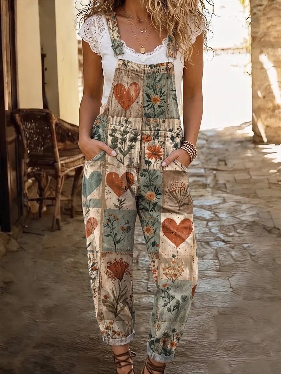 Women's Retro Floral Art Print Washed Cotton Denim Patchwork Jumpsuit