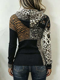 Chic Animal Patchwork Print Ribbed Hooded Top