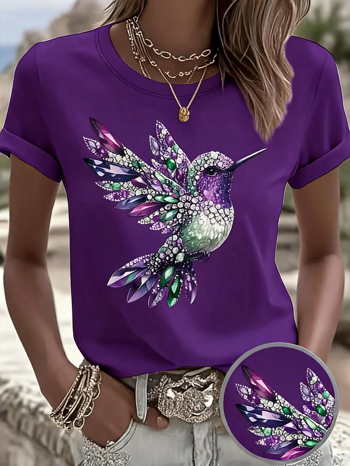 Light Luxury Diamond Hummingbird Print Short-sleeve T-shirt
