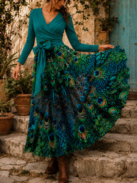 Peacock Art Print Vintage Long Sleeve Midi Dress