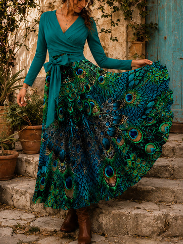 Peacock Art Print Vintage Long Sleeve Midi Dress