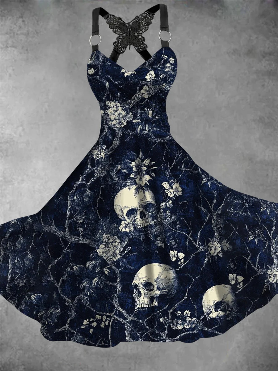 Gothic Art Printed Vintage V-Neck Sleeveless Midi Dress