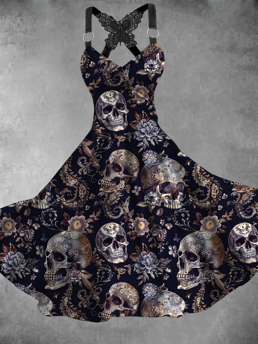 Gothic Art Printed Vintage V-Neck Sleeveless Midi Dress
