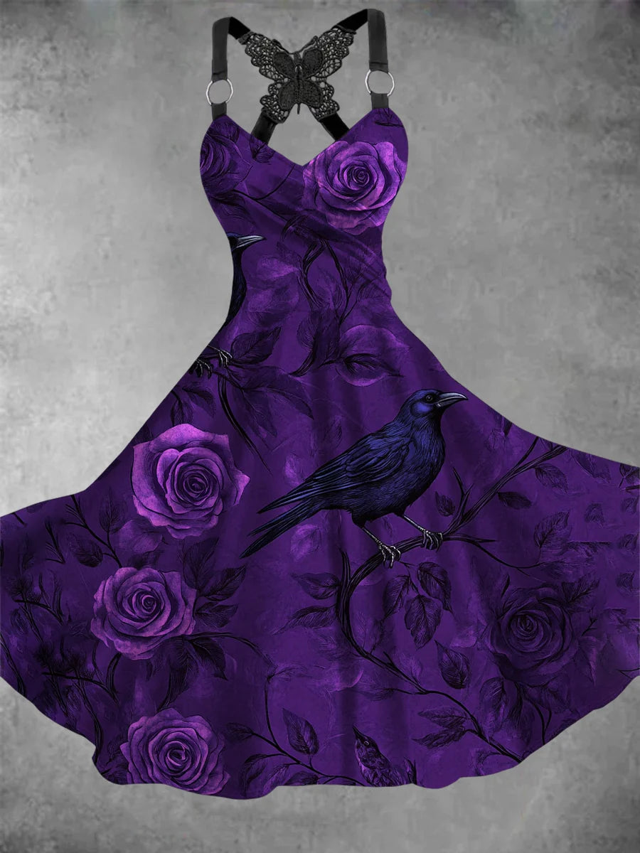 Gothic Art Printed Vintage V-Neck Sleeveless Midi Dress