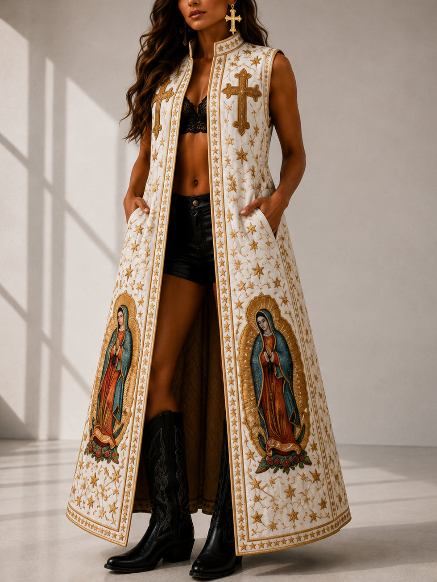 Western Style Faith Art Casual Sleeveless Stand Collar Coat Outerwear