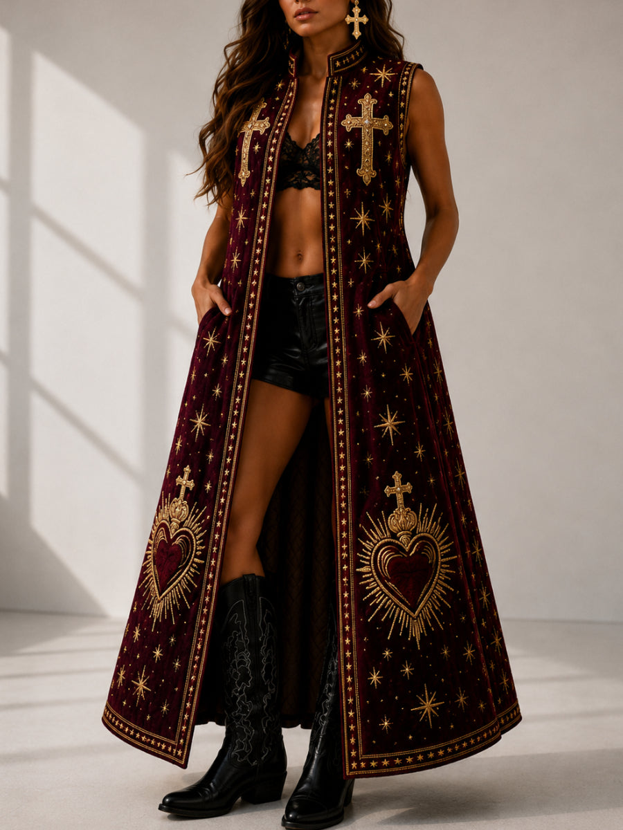 Western Style Faith Art Casual Sleeveless Stand Collar Coat Outerwear
